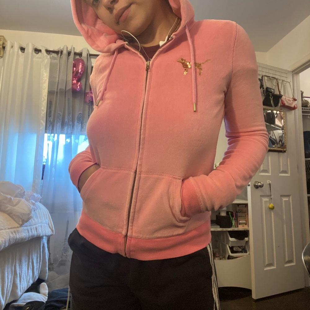 Pink VS velour zip up sweater